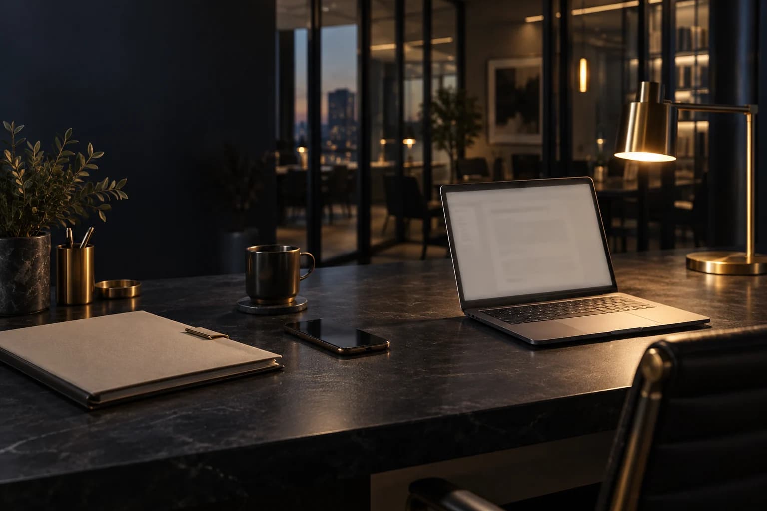 Documents and everyday business tools together in a warm, focused workspace