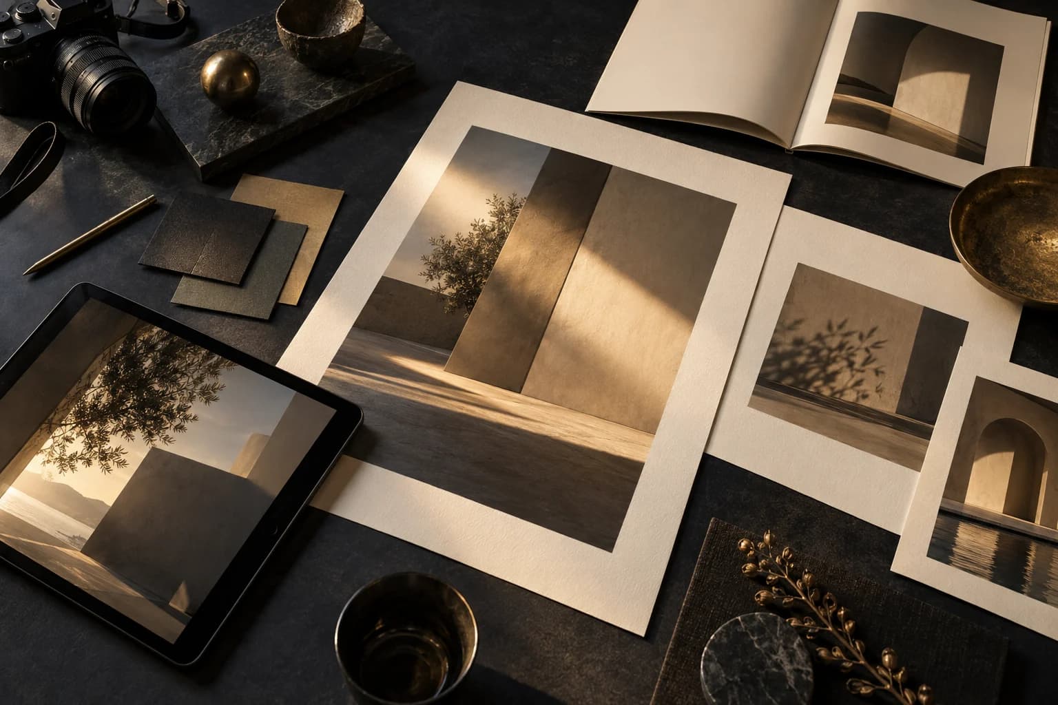 Photography studies, paper materials, and a camera on a creative studio table