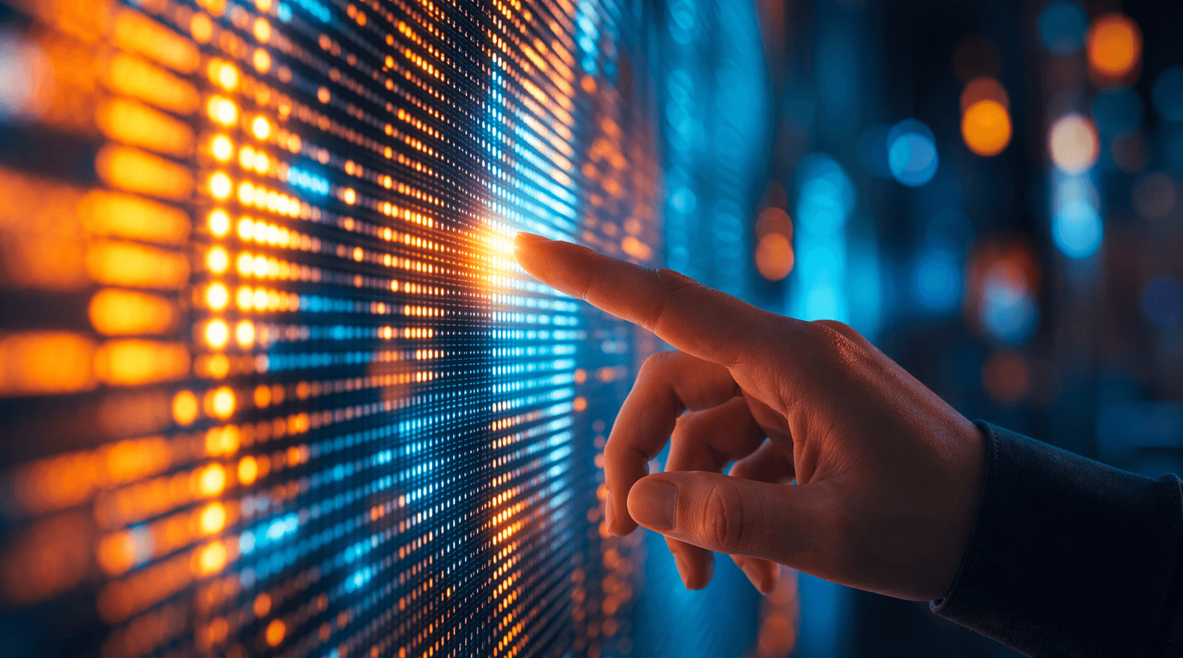 Close-up of a hand touching a glowing blue and orange digital interface