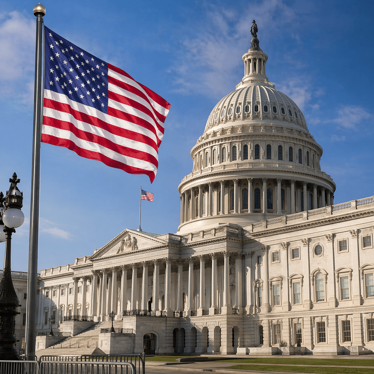 United States Capitol building with an American flag in the foreground