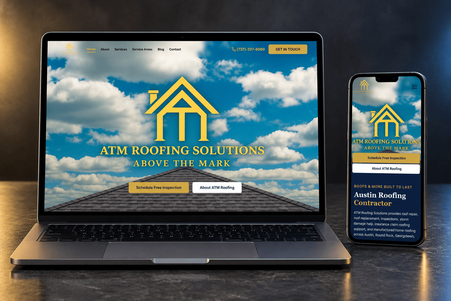 ATM Roofing Solutions website presented on a laptop and phone