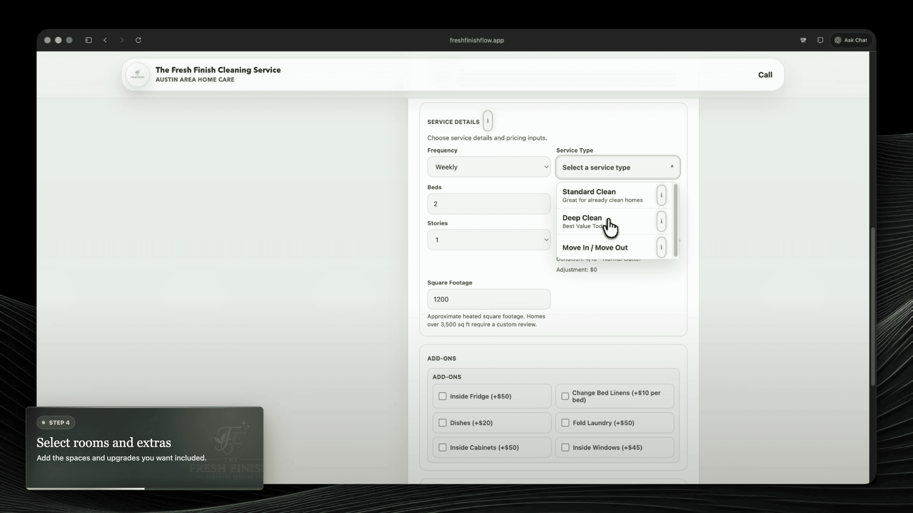 Cleaning quote interface with service types, rooms, and extras