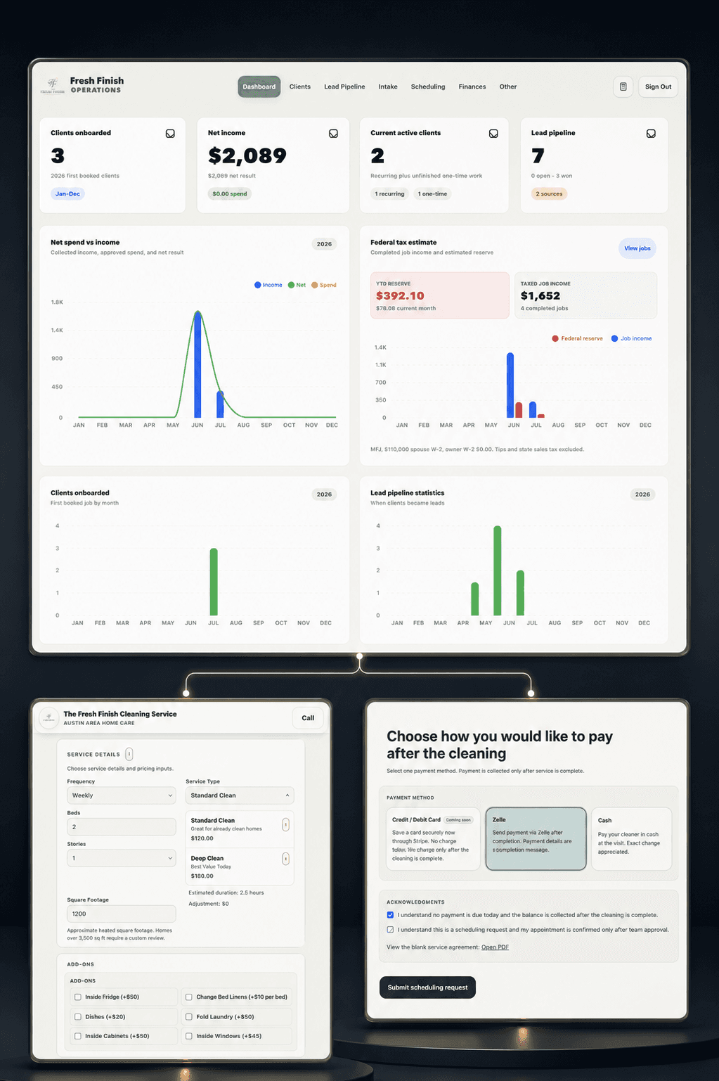 Cleaning operations dashboard connected to customer quote and payment interfaces
