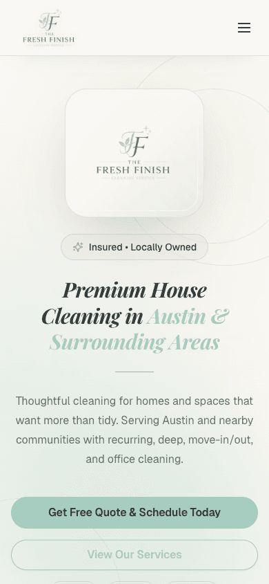 The Fresh Finish live website at mobile width